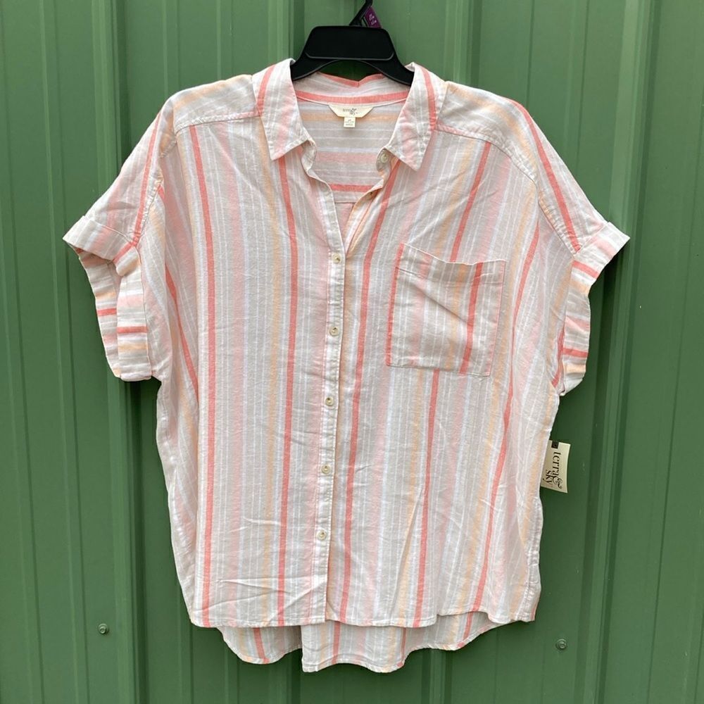 Women’s Plus Size Short-Sleeve Linen Button-Front Camp Shirt, Size 2X